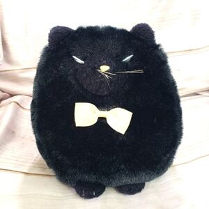 1980 Japan Artists Society Fat Black Cat Bowtie Plush Stuffed Toy 10 Inch Dakin